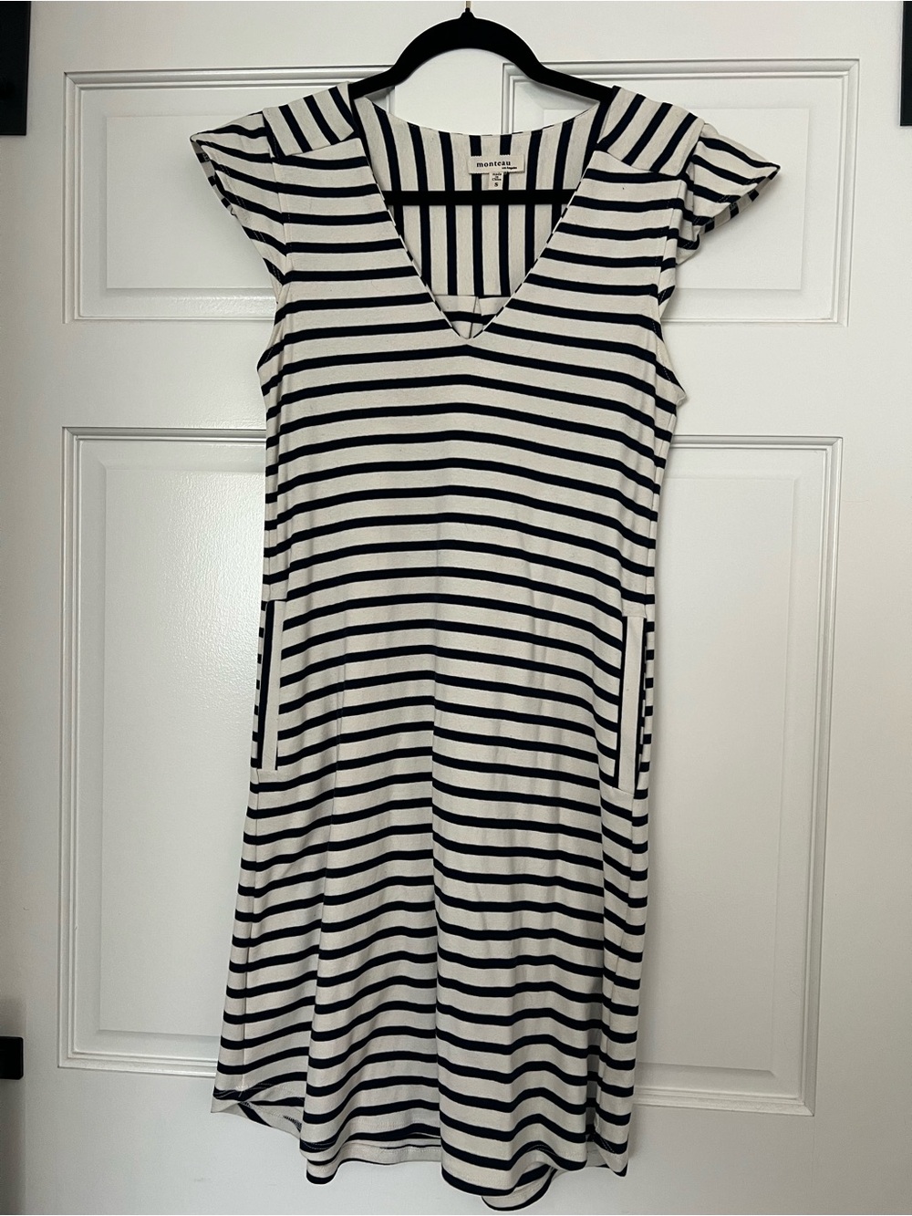 Monteau Black & White Striped V-Neck Midi Dress